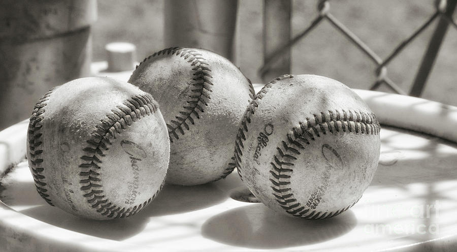 3 Baseballs on a Bucket in Sepia Photograph by Leah McPhail