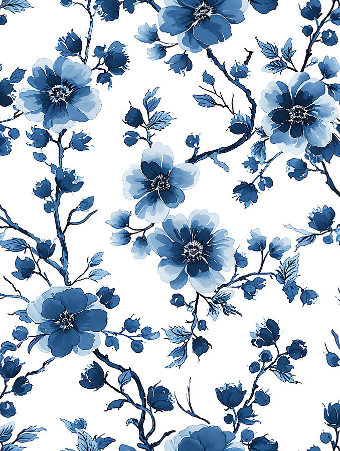 Nature Digital Art - Blue And White Floral Pattern #3 by Benameur Benyahia