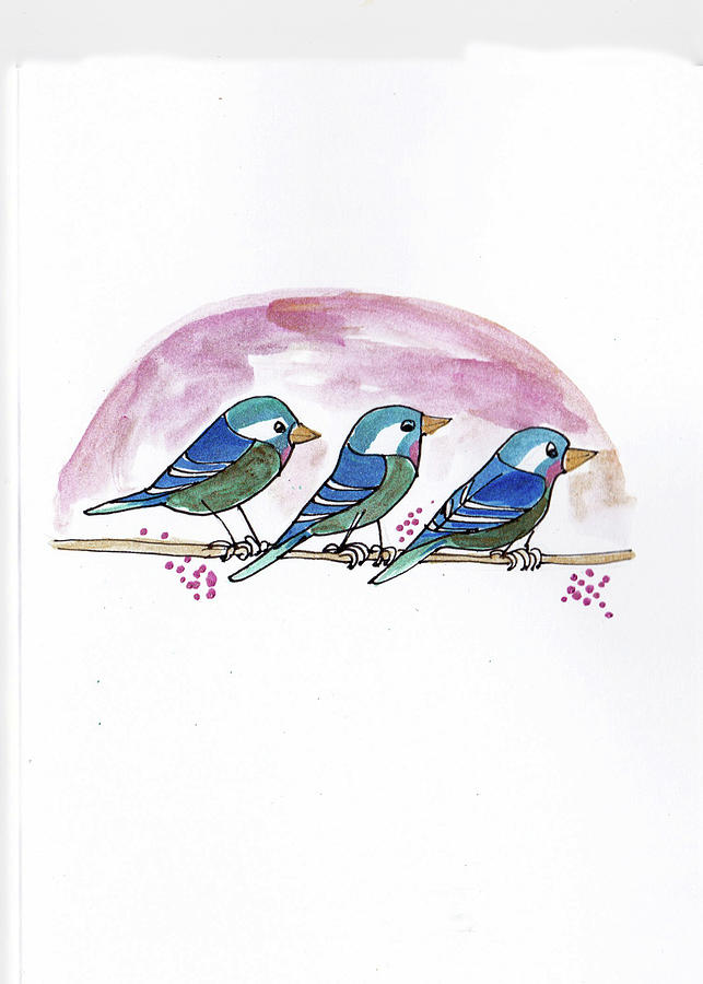3 Blue Birds Painting by Sarabjit Singh