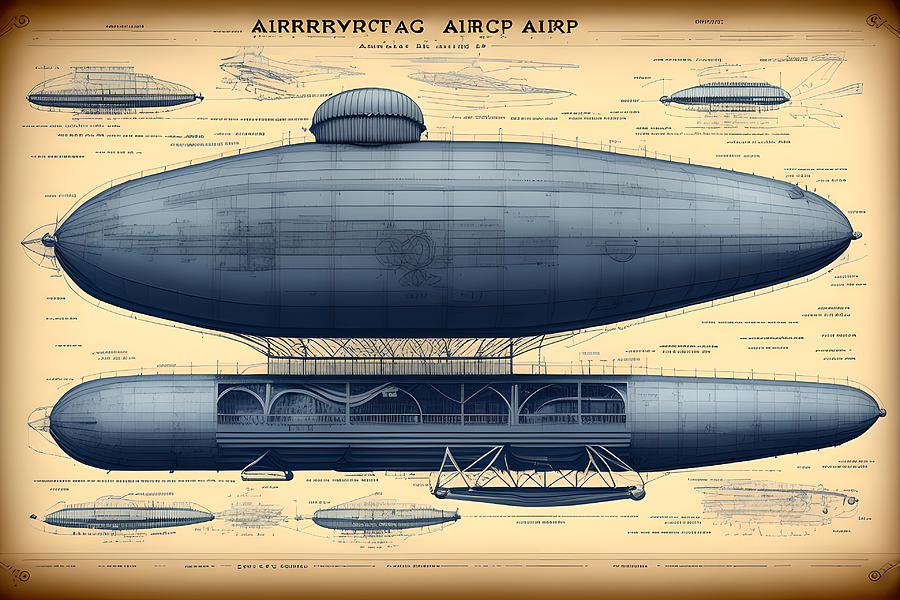 Blueprint of Vintage Airship, Generative AI Illustration Digital Art by ...