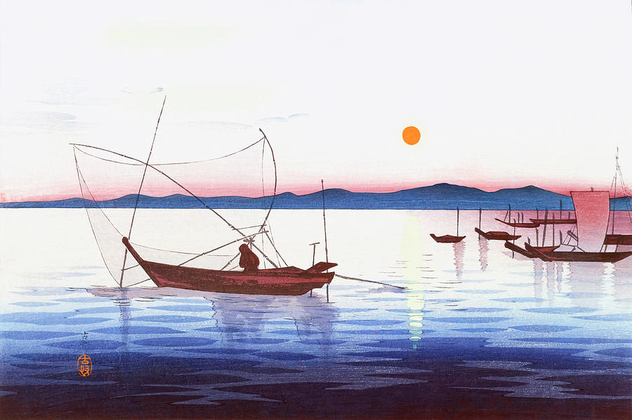 Ohara Koson Painting - Boats and setting sun by Ohara Koson  by Mango Art