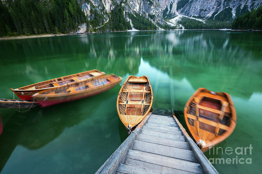 Boats on the Braies Lake- Pragser Wildsee - in Dolomites mounta ...