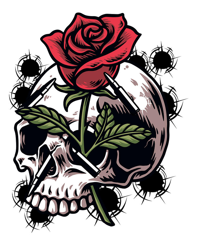 Rose Digital Art - Bullets and Skull Roses Aesthetic Dripping Pattern #3 by Toms Tee Store