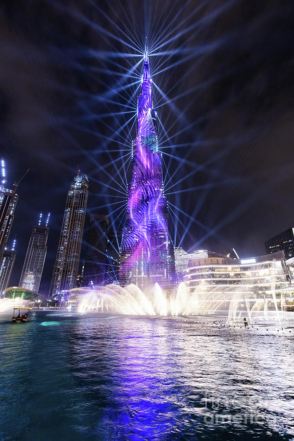 Burj Khalifa Illumination With Fountain Show In Dubai Uae At Night Photograph