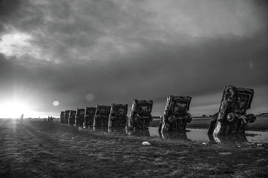 Cadillac Ranch on Historic Route 66 in Amarillo Texas in black and white #3 Photograph by Eldon McGraw