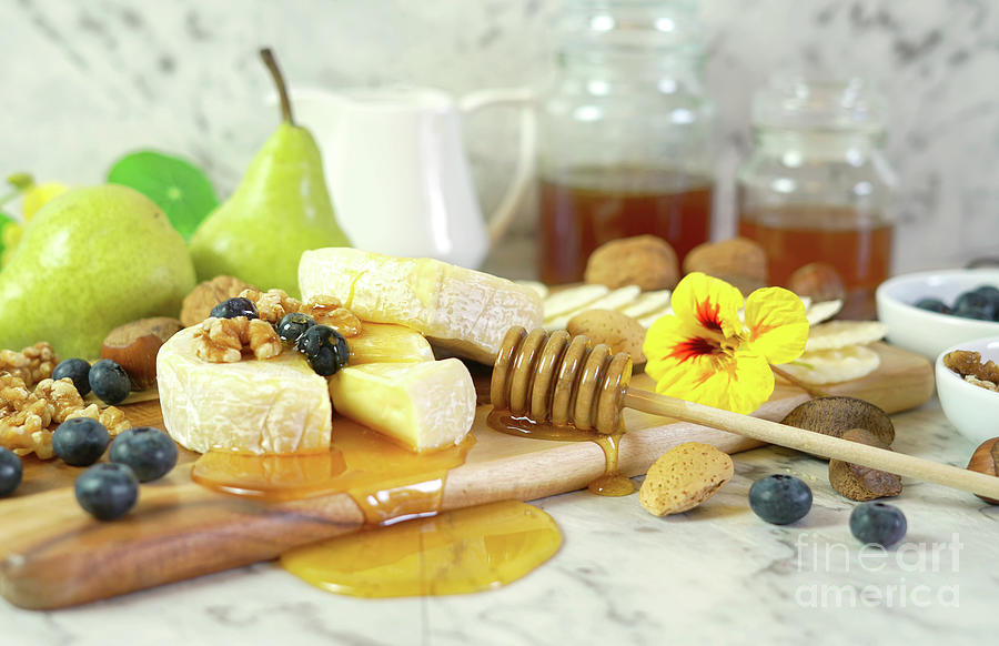 Camembert and brie cheese with honey, fruit and nuts. #3 Photograph by Milleflore Images