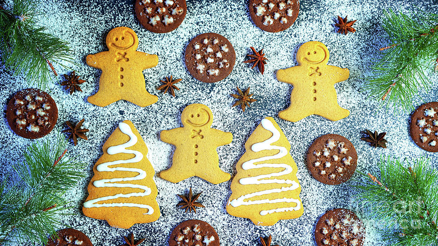 Christmas holiday flat lay composition of gingerbread and chocolate cookies. #3 Photograph by Milleflore Images