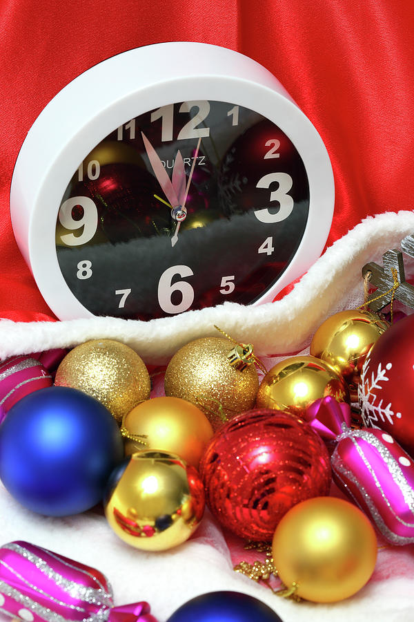 Clock and christmas balls and toys #3 Photograph by Mikhail Kokhanchikov