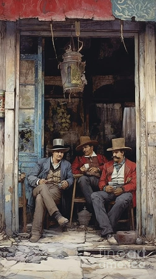 cowboy  lawmen  taking  a  break  behind  the  saloon  by Asar Studios #3 Painting by Celestial Images