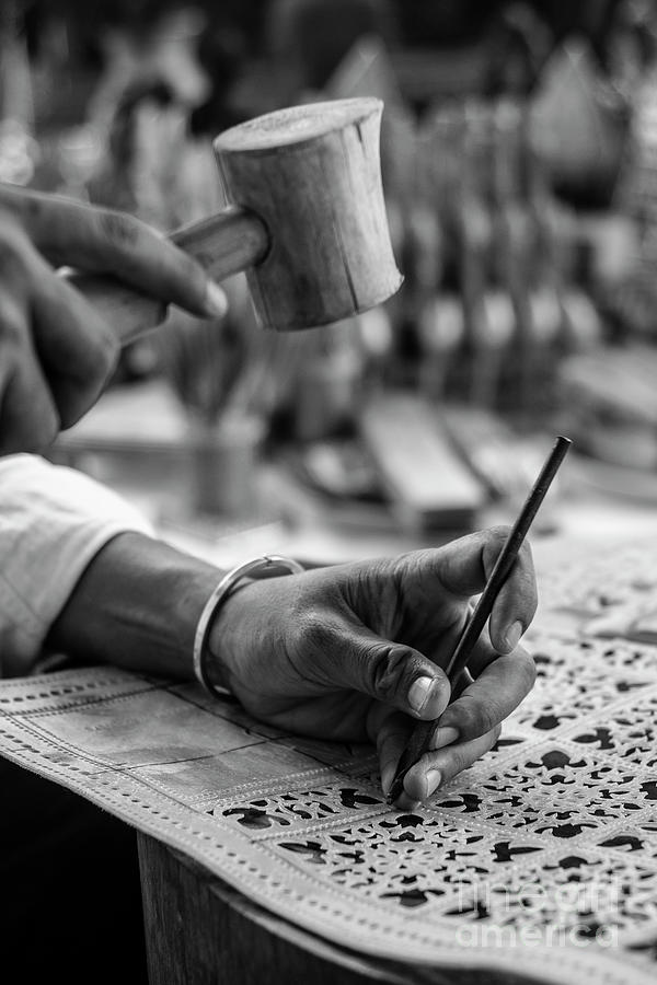 Craft Artist Making Traditional Buffalo Leather Carving Art In I