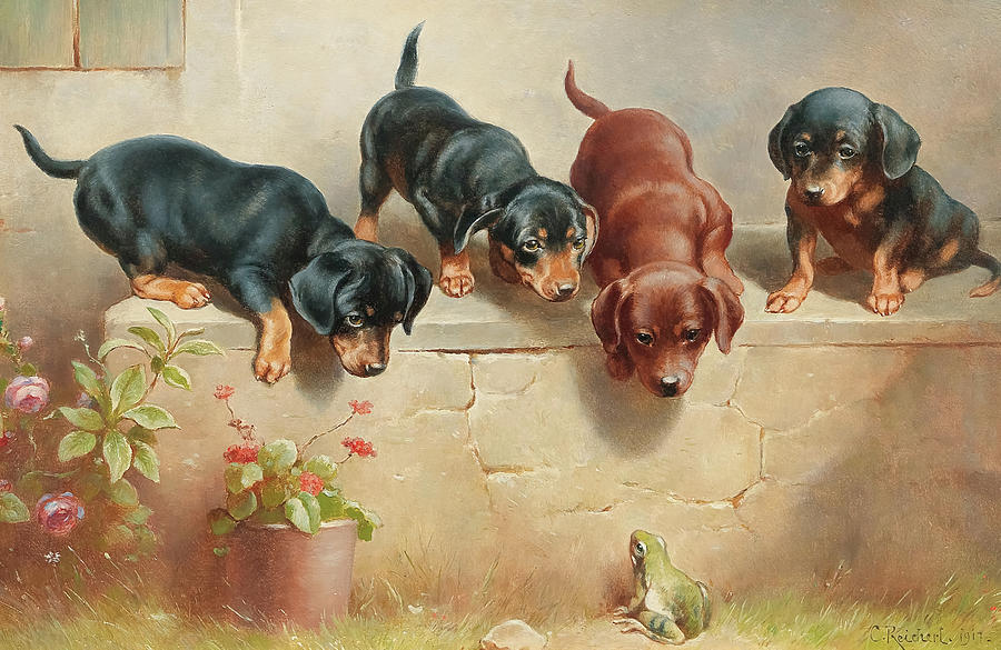 Curious Dachshund Puppies And A Frog Painting