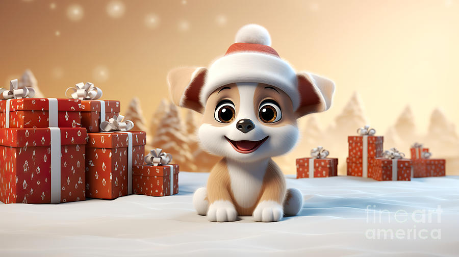 Cute puppy in Santa hat and gift boxes #3 Digital Art by Odon Czintos