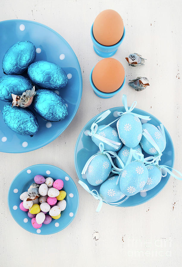 Easter blue and white theme still life. #3 Photograph by Milleflore Images