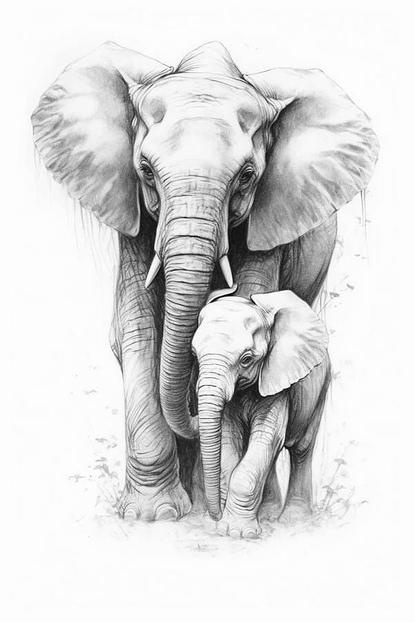 Wildlife Drawing - Elephant and calf graphite drawing #4 by David Mohn