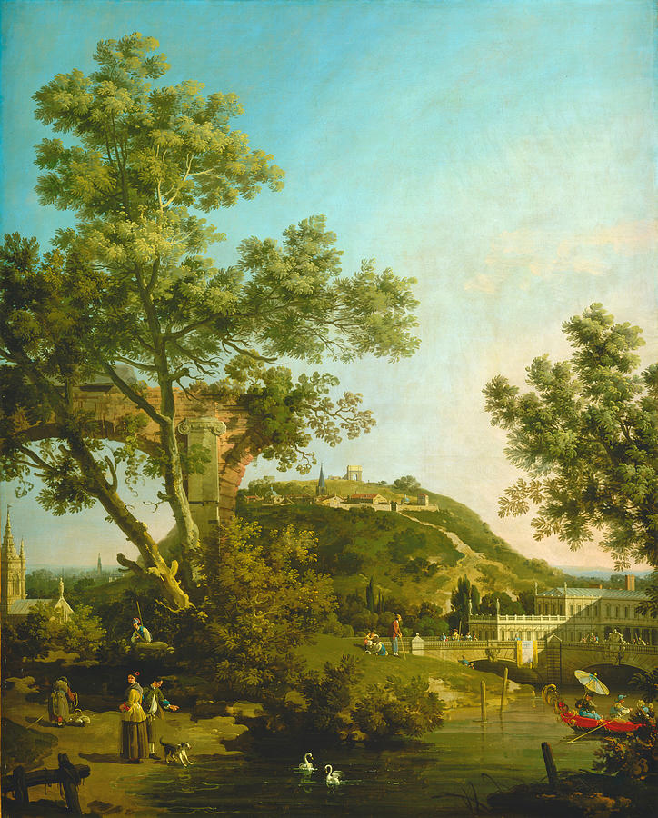 English Landscape Capriccio with a Palace #6 Painting by Canaletto