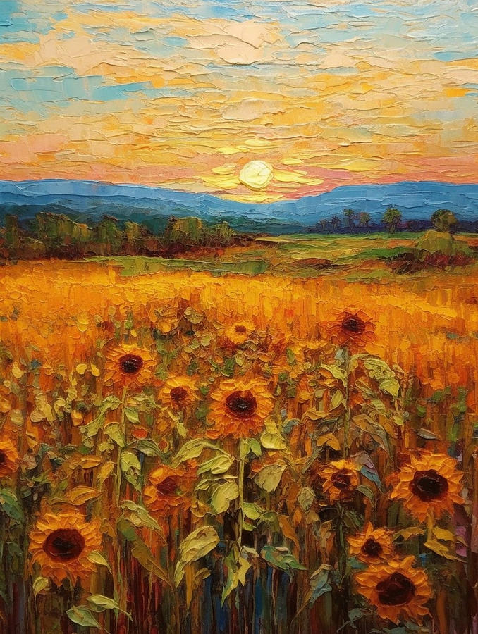 fields  of  flowers  scenery  golden  hour  by Asar Studios Painting