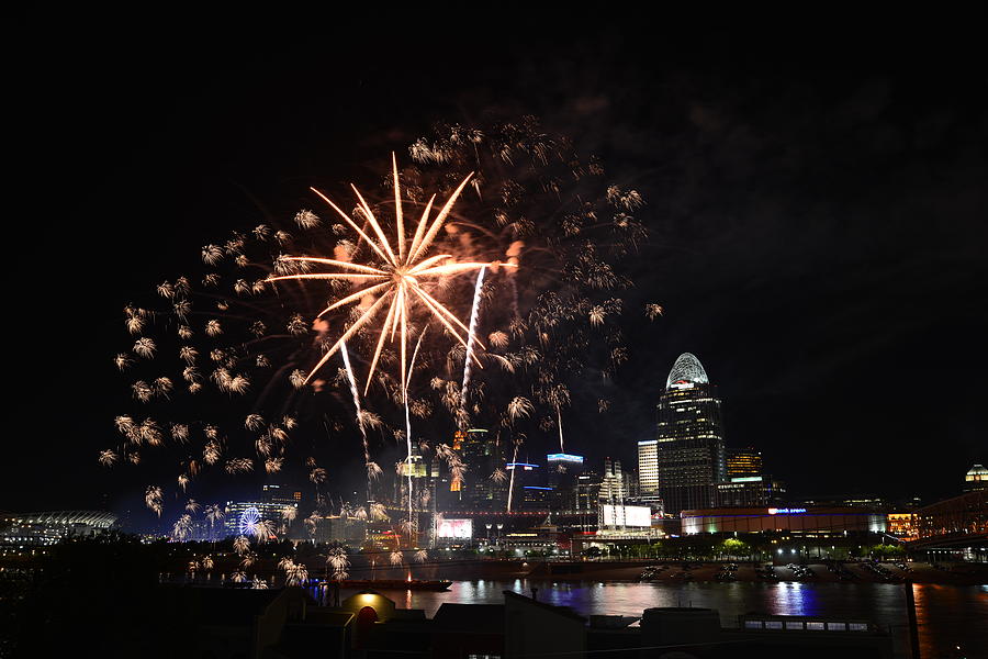 Fireworks Cincinnati Skyline Photograph by Jim Mohrfield Fine Art America