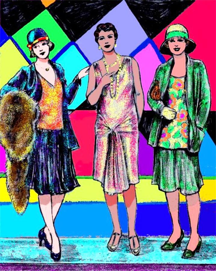 3 Flappers Color Drawing by Mel Thompson