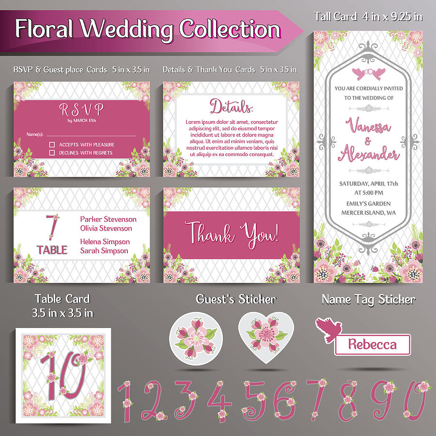Floral Wedding Invitation set. US format #3 Drawing by Chuvipro