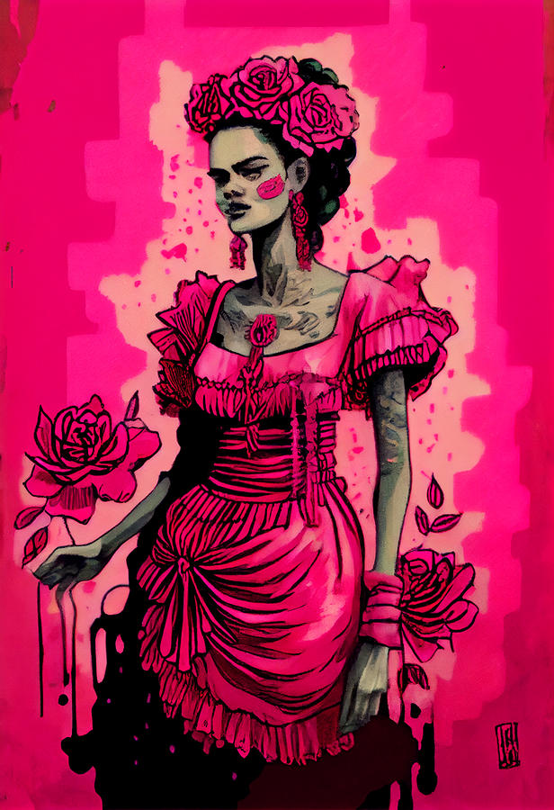 full  body  of  a  Pink  Frida  Kahlo  by  Jim  Mahfood  by Asar Studios Painting