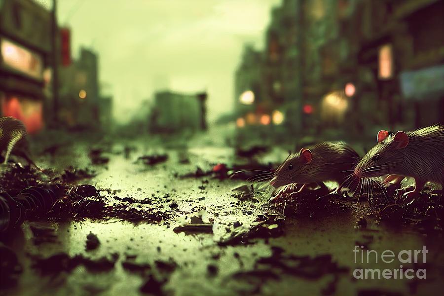 Giant rats invasion on the city streets #3 Digital Art by Benny Marty