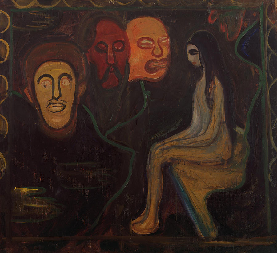 Edvard Munch Painting - Girl and Three Male Heads  #3 by Edvard Munch
