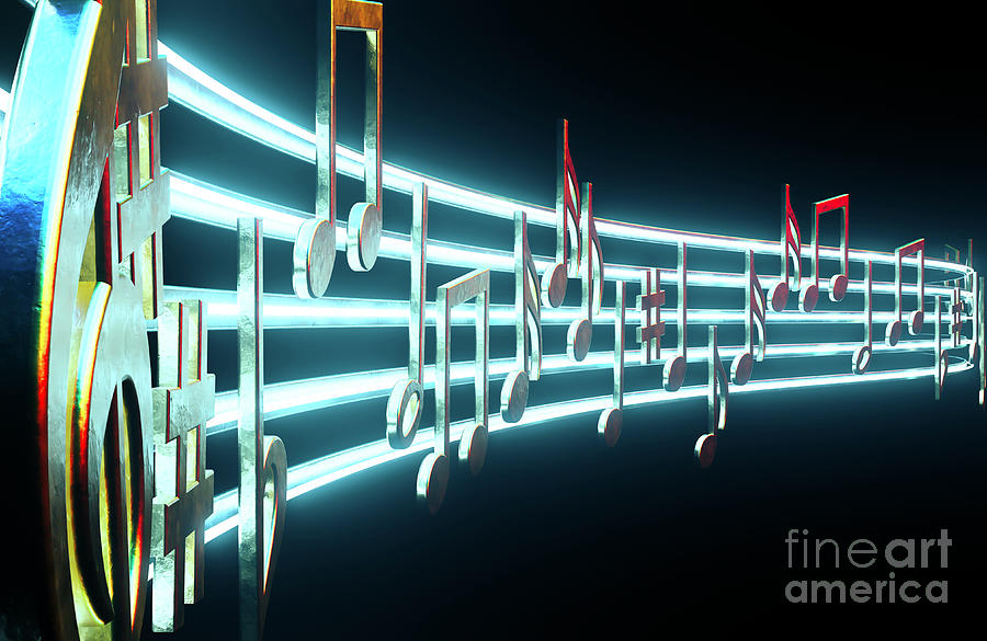 Music Digital Art - Gold Music Notes On Neon Lines #3 by Allan Swart