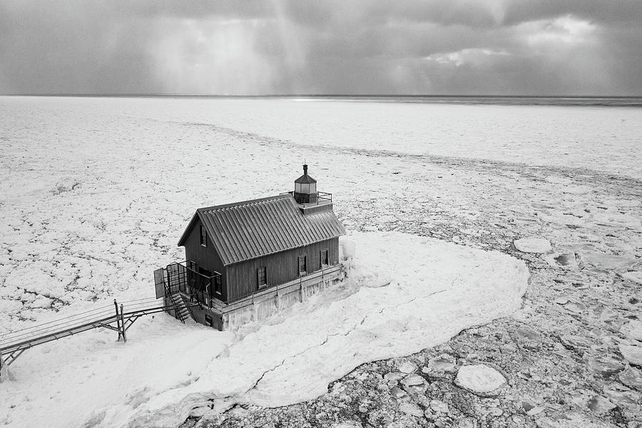 Grand Haven Michigan lighthouse in the winter in black and white #3 Photograph by Eldon McGraw