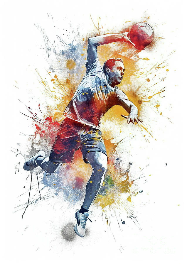 Handball in action with colorful paint splash. #3 Digital Art by Odon Czintos