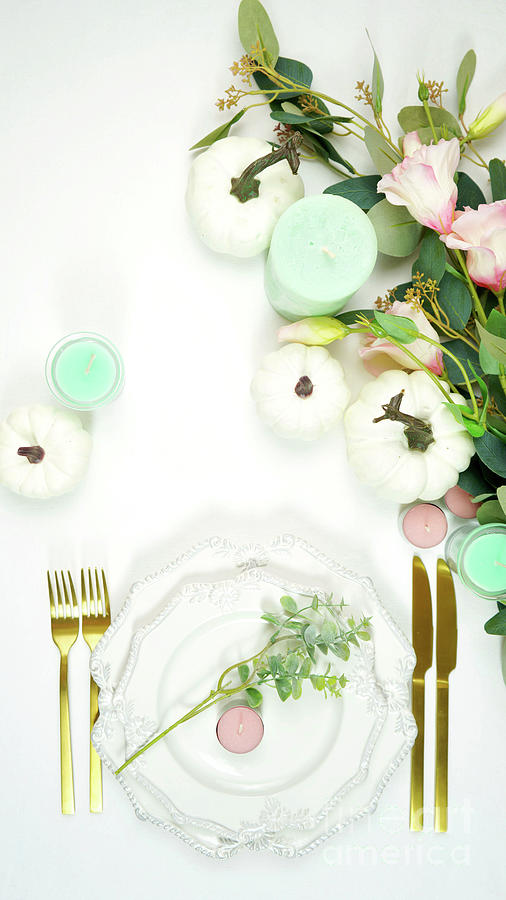 Happy Thanksgiving table setting with modern white pumpkins centerpiece. #3 Photograph by Milleflore Images