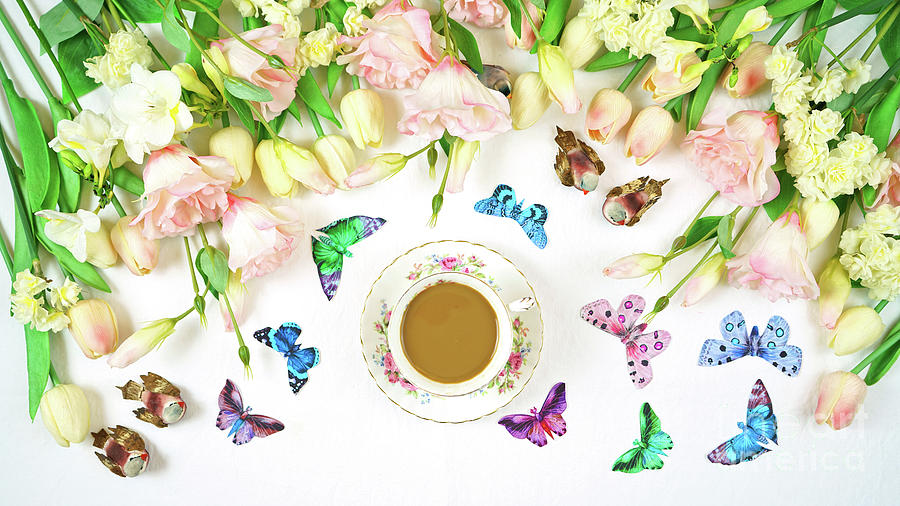 Hello Spring relaxing tea break concept flat lay. #3 Photograph by Milleflore Images