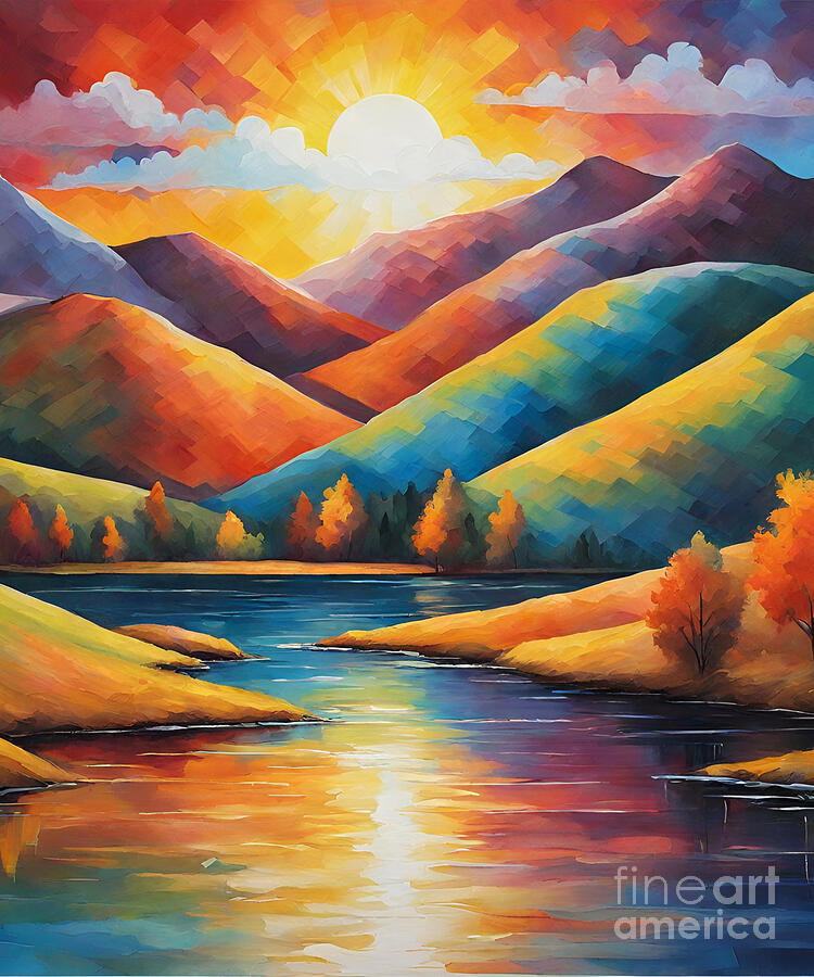 Sunset Painting - Hills and Lake painting #3 by Naveen Sharma