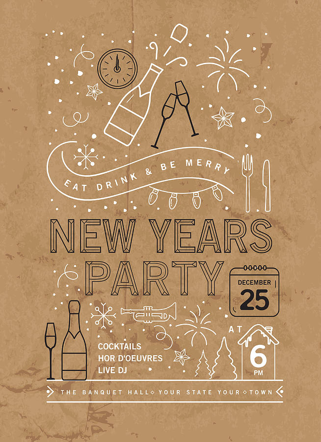 Holiday New Years Party Invitation Design Template with line art icons #3 Drawing by JDawnInk