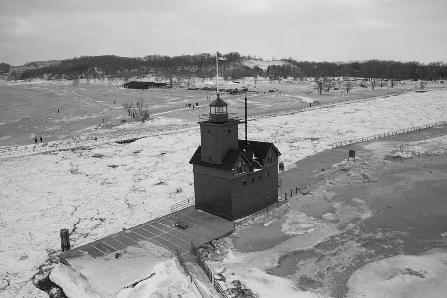 Holland Michigan Lighthouse in the winter in black and white #3 Photograph by Eldon McGraw