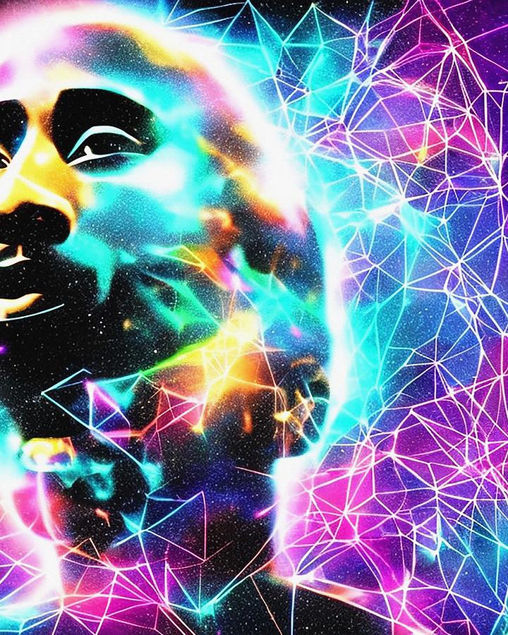 Hologram Of Tupac Floating In Space A Vibrant Digital Illustration