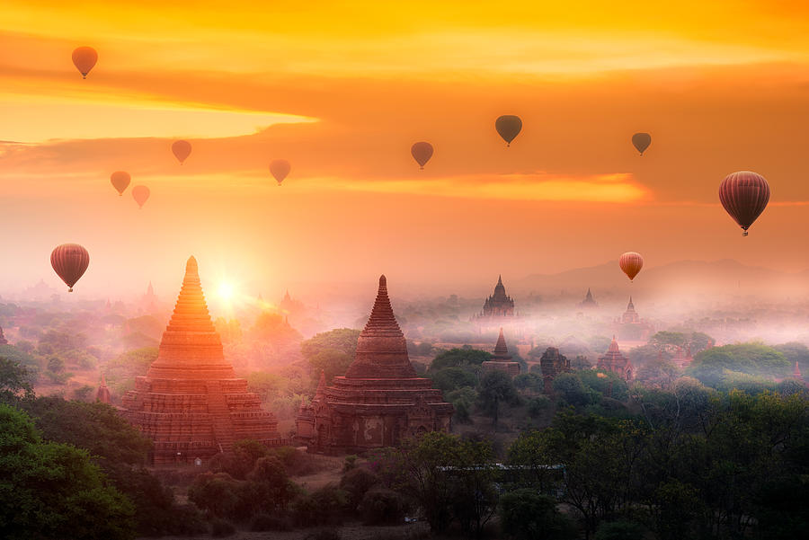 Hot air balloon over plain of Bagan in misty morning, Mandalay, Myanmar #3 Photograph by Thatree Thitivongvaroon