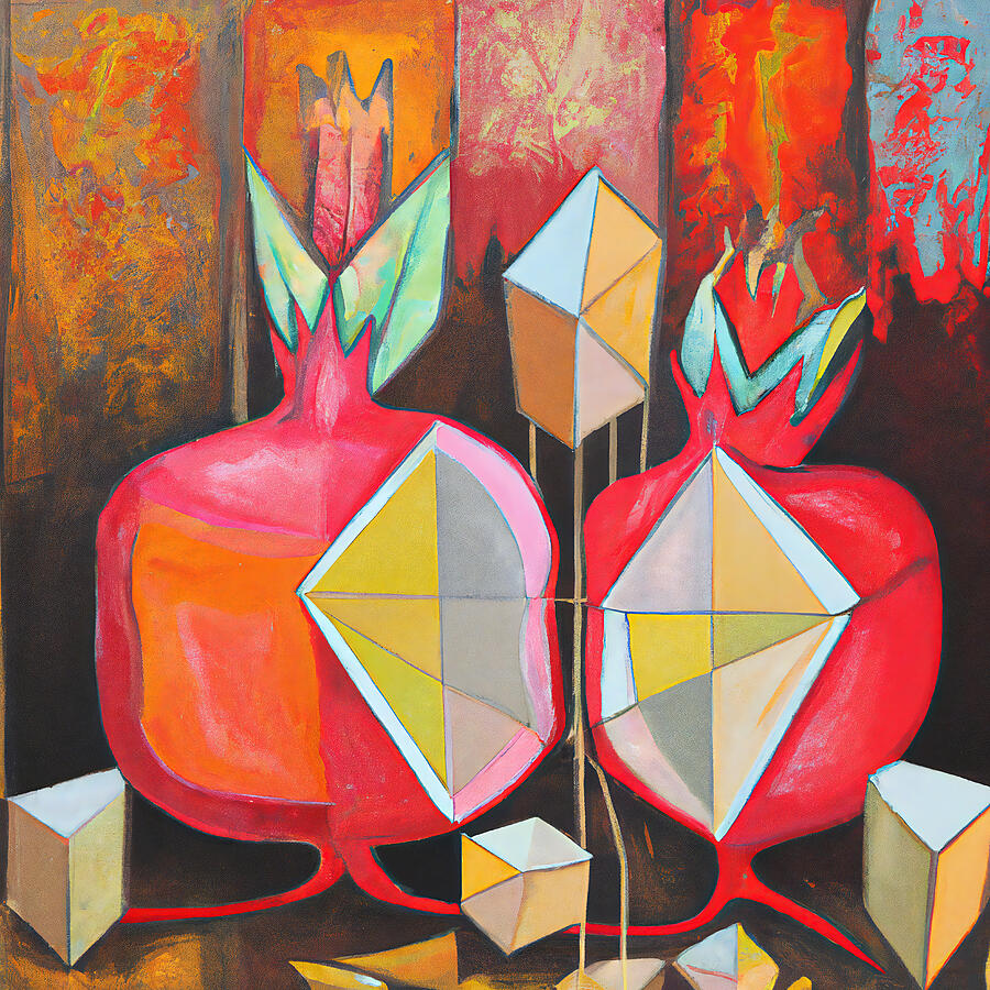 Fruit Painting - Juicy Red Pomegranates - Funky Fruit Abstract #3 by StellArt Studio
