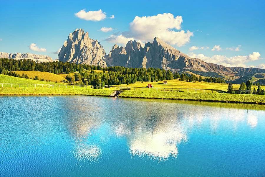 Lake and mountains, Alpe di Siusi or Seiser Alm, Dolomites Alps, #3 Photograph by Stefano Orazzini