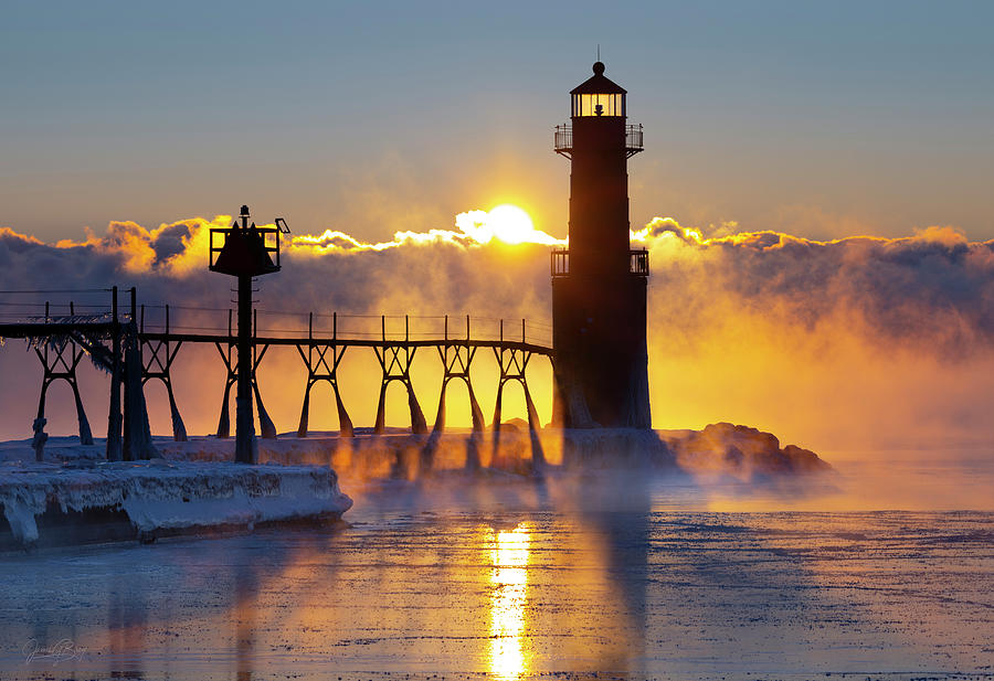 Lake Michigan Winter sunrise with fog and ice Photograph by James Brey ...