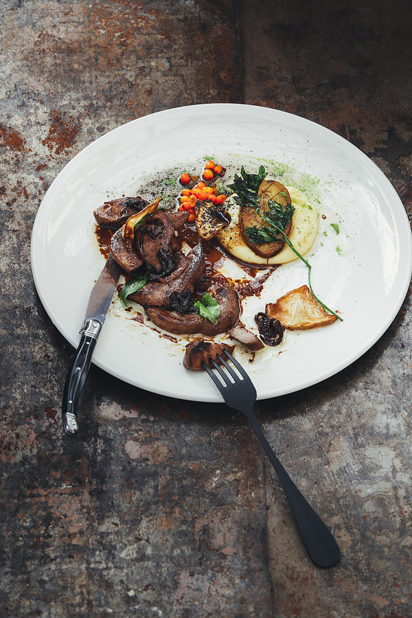 Lamb tongue with potato, mushrooms and sea buckthorn #3 Photograph by Eugene Mymrin