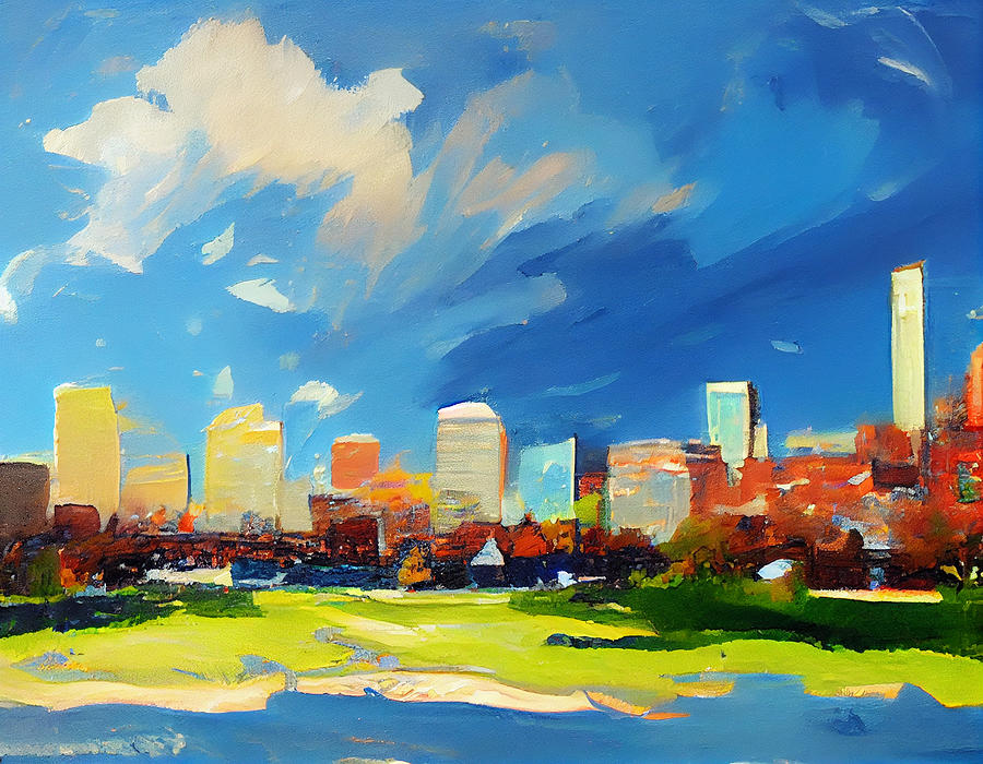 landscape  painting  of  boston  blue  skies  colorful  acry   by Asar Studios Digital Art
