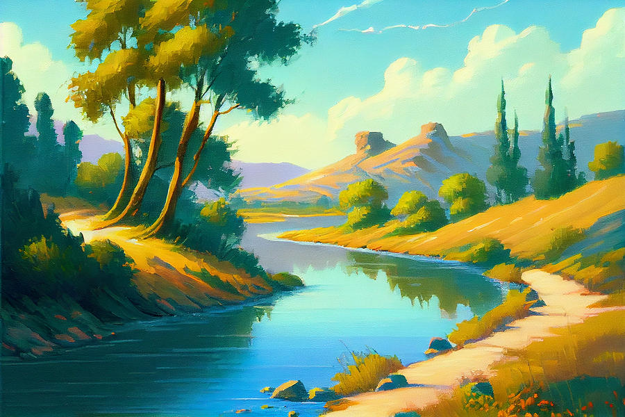 landscape  river  lake  beautiful  day  oil  painting  by Asar Studios Digital Art