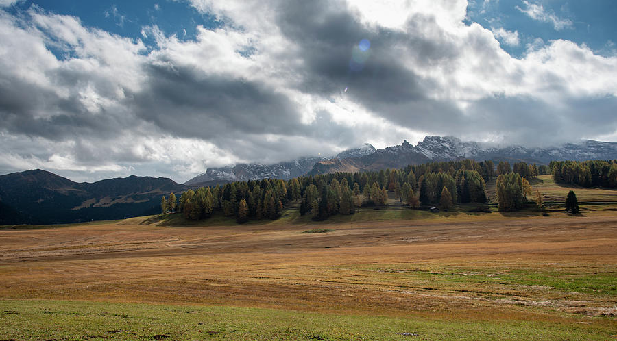 Landscape with beautiful autumn meadow field and the amazing Dolomite rocky peaks. Valley of Alpe di siusi Seiser Alm South Tyrol Italy. #3 Photograph by Michalakis Ppalis
