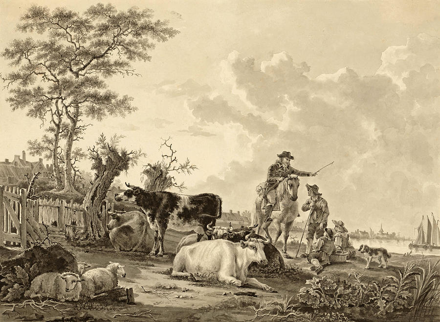 Landscape with Cattle, Sheep, and Herders  #4 Drawing by Jacob van Strij