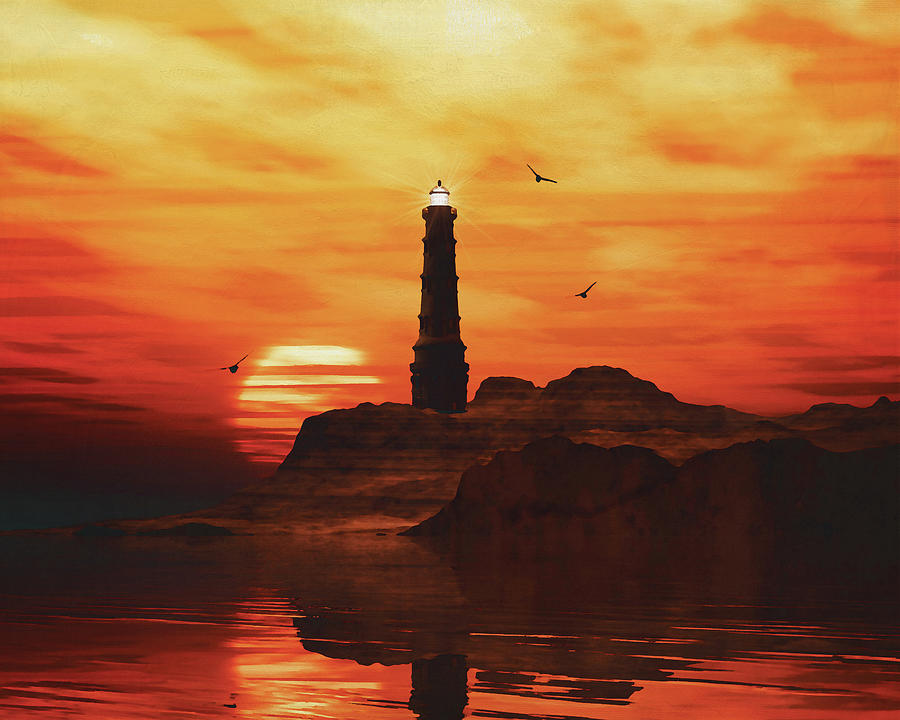 Lighthouse With A Sunset Painting