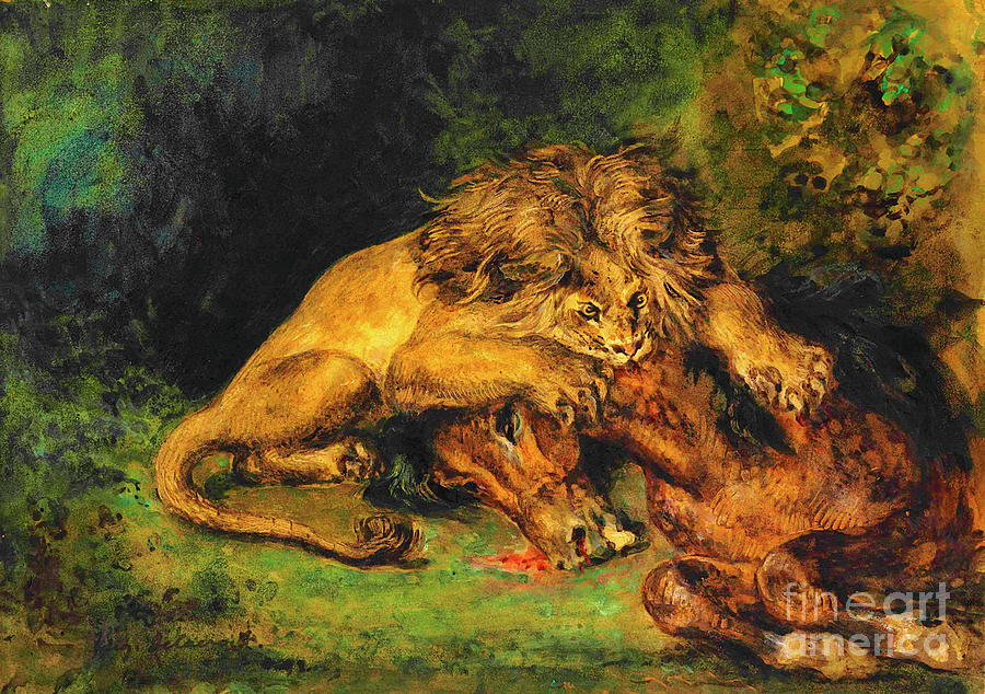 Lion Devouring a Horse #3 Painting by Eugene Delacroix