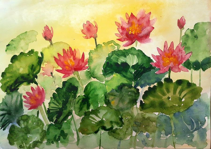Lotus pond #3 Painting by Asha Sudhaker Shenoy