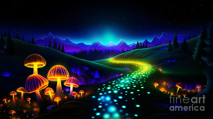 Magical fairy tale landscape with many shining mushrooms and glow of fireflies.  #3 Digital Art by Odon Czintos