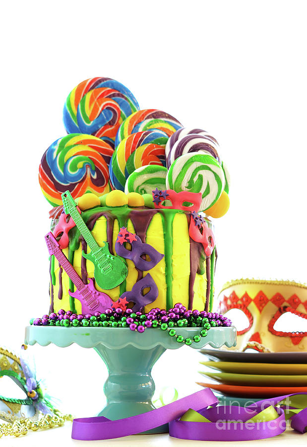 Mardi Gras theme on-trend candyland fantasy drip cake. #3 Photograph by Milleflore Images