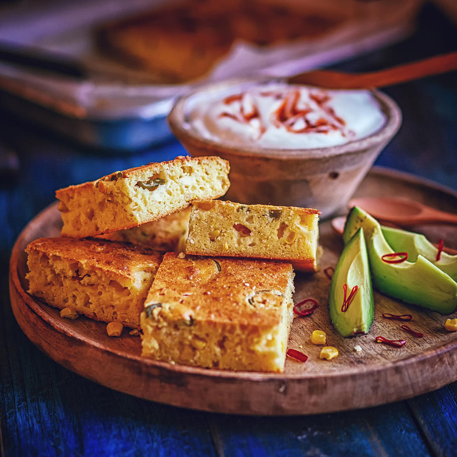 Mexican Corn Bread with Fresh Corn and Jalapenos with Harissa Yogurt #3 Photograph by GMVozd